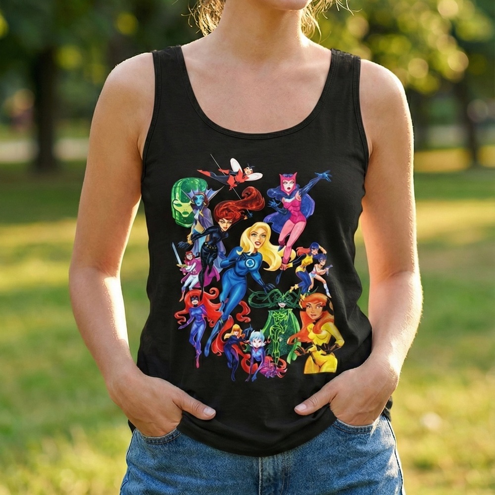Marvel Women Superhero Graphic Tank Top Comic Book Heroines Black Tee Size Large